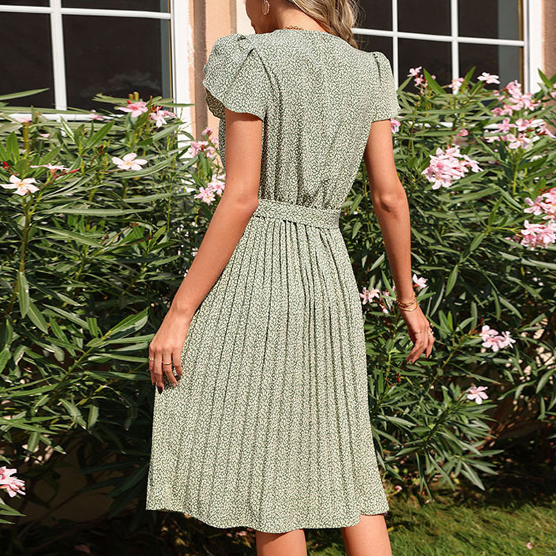 Laskostettu v-kaula-aukkoinen printti mekko