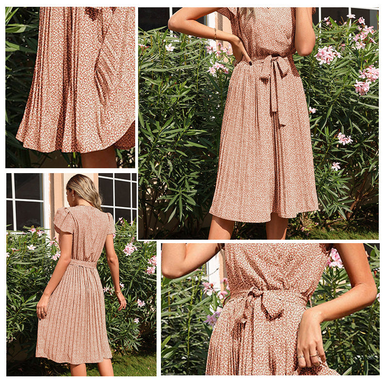 Laskostettu v-kaula-aukkoinen printti mekko