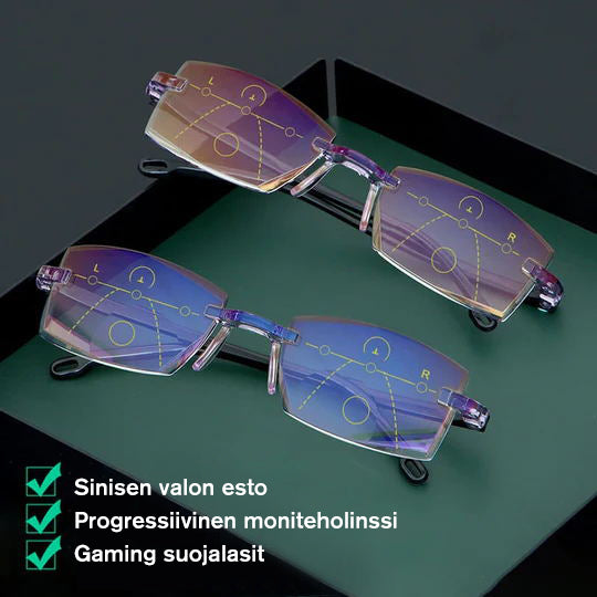 Kaksitehoiset progressiiviset lukulasit sinivalosuodatuksella