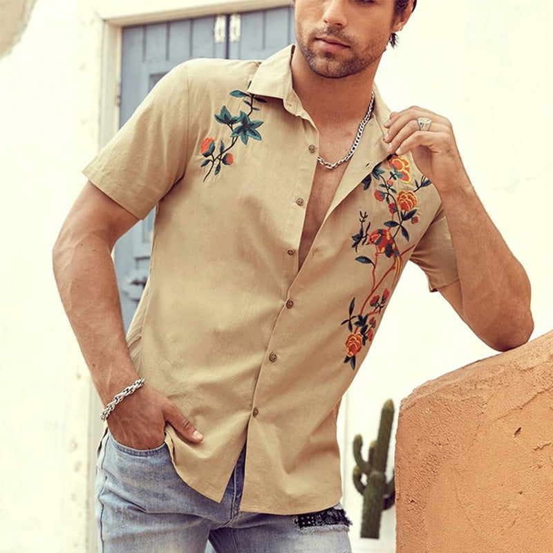 Miesten Kirjailtu Pellava T-paita