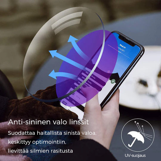 Kaksitehoiset progressiiviset lukulasit sinivalosuodatuksella