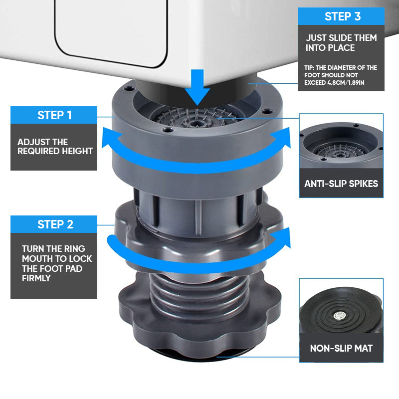 Säädettävät pyykinpesukoneen tukijalat iskunvaimennuksella (4kpl)