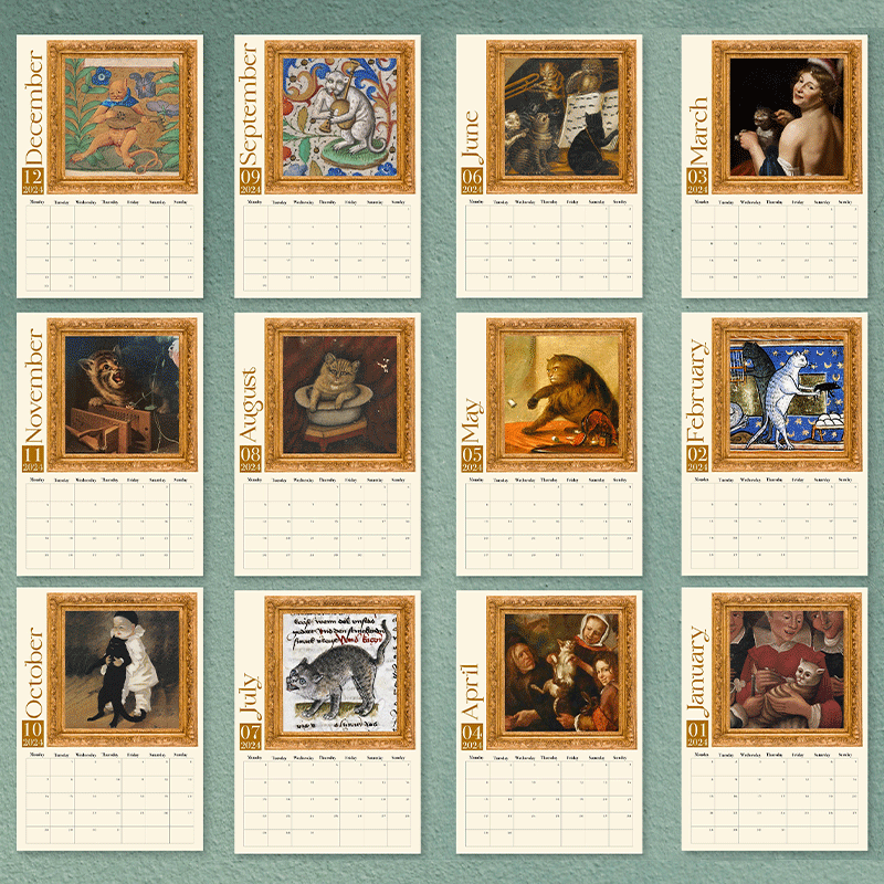 Outo keskiaikainen kissojen kalenteri 2024