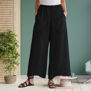 Naisten puuvilla-pellavahousut taskuilla