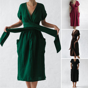 Naisten V kaula korkeavyötäröinen lyhythihainen mekko