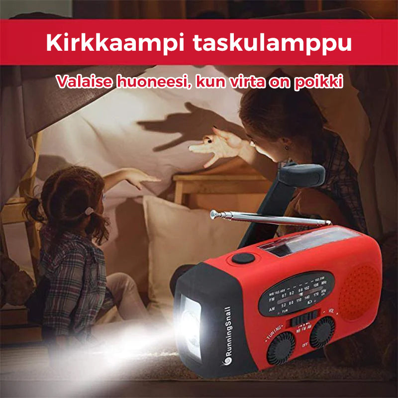 Aurinkoenergialla toimiva hätäradio LED taskulampulla