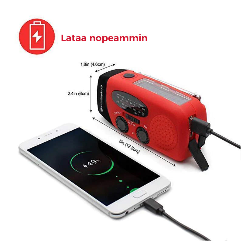Aurinkoenergialla toimiva hätäradio LED taskulampulla