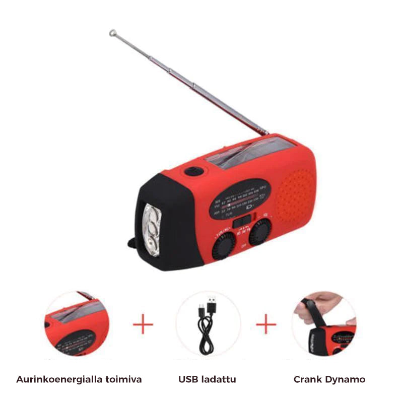 Aurinkoenergialla toimiva hätäradio LED taskulampulla