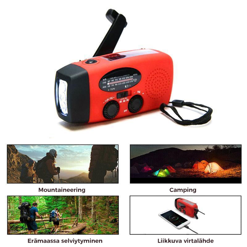 Aurinkoenergialla toimiva hätäradio LED taskulampulla