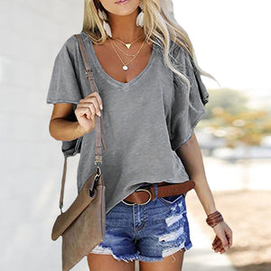 Yksivärinen Röyhelöhihainen Löysä V-kaula T-paita