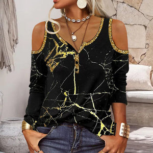 Olkapäät paljastava pitkähihainen printtipusero