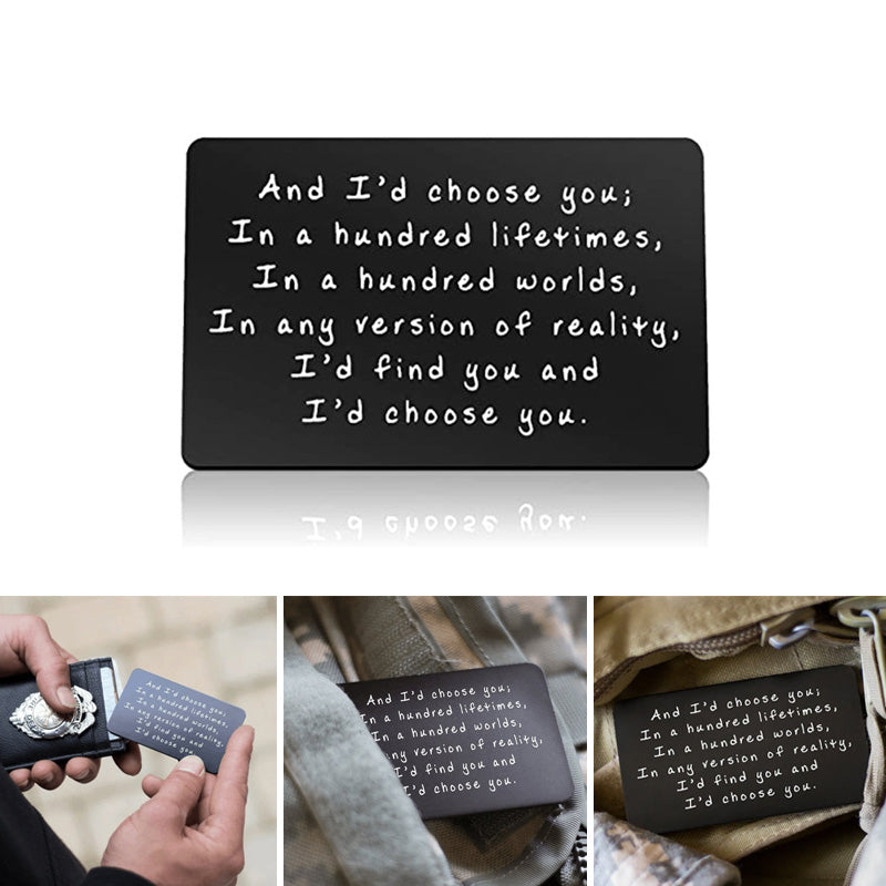 "And I'd choose you" Laserilla kaiverrettu metallinen lompakkokortti