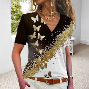 V-kaula t-paita perhosprintillä