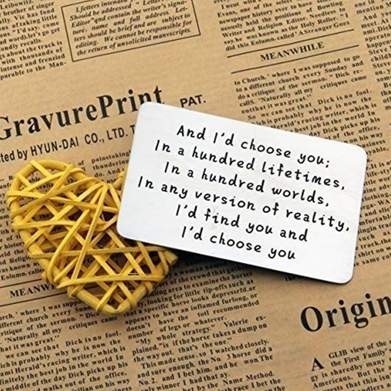 "And I'd choose you" Laserilla kaiverrettu metallinen lompakkokortti