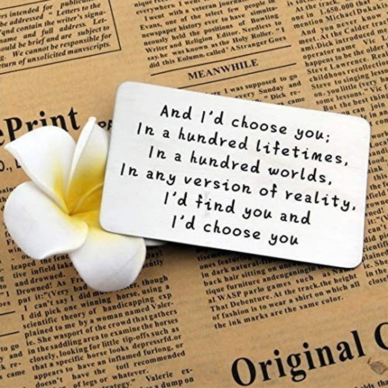 "And I'd choose you" Laserilla kaiverrettu metallinen lompakkokortti