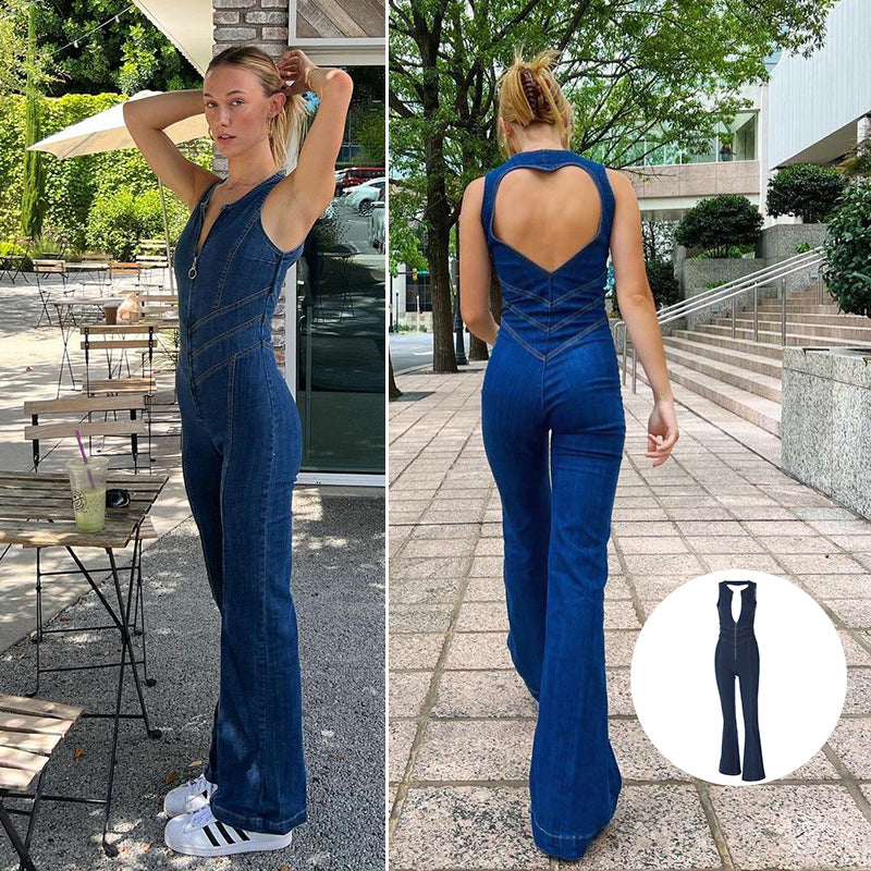 Selkätön Heart Cutout Denim Jumpsuit naisille