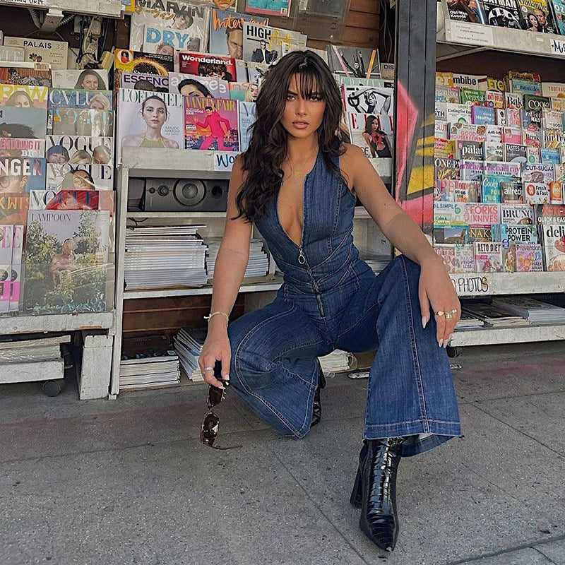 Selkätön Heart Cutout Denim Jumpsuit naisille