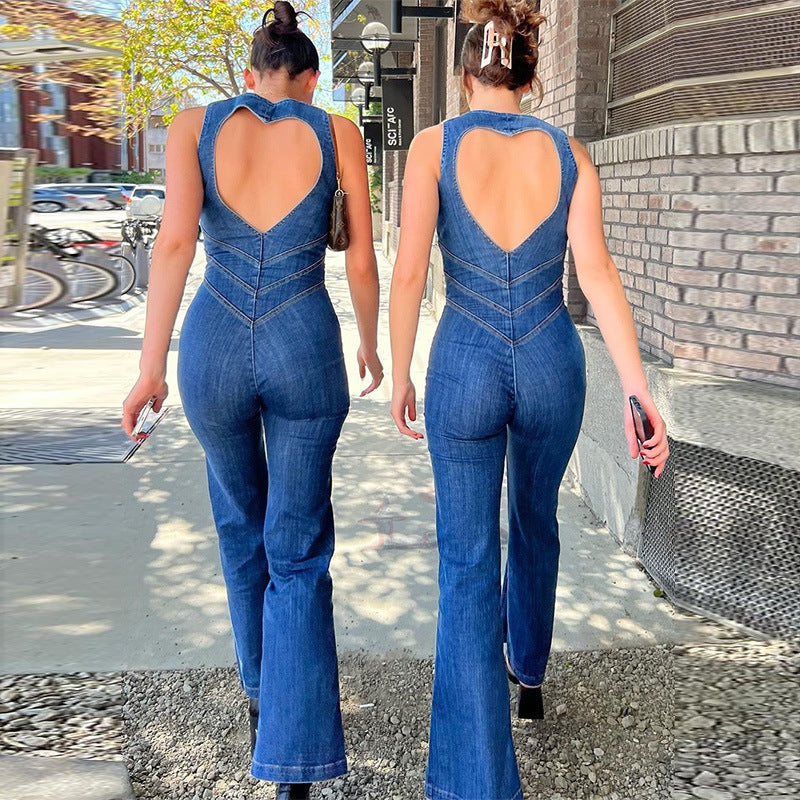 Selkätön Heart Cutout Denim Jumpsuit naisille